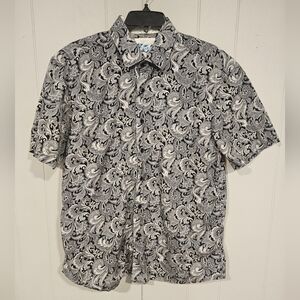 Lanzino Vintage Mens 2XL Black White Paisley Short Sleeve Button Up Cotton Shirt